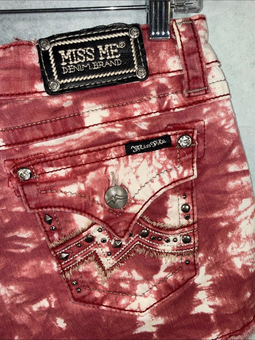 Miss Me Red Tie-Dye Denim Cutoff Shorts with Stud Accents - Picture 3 of 5